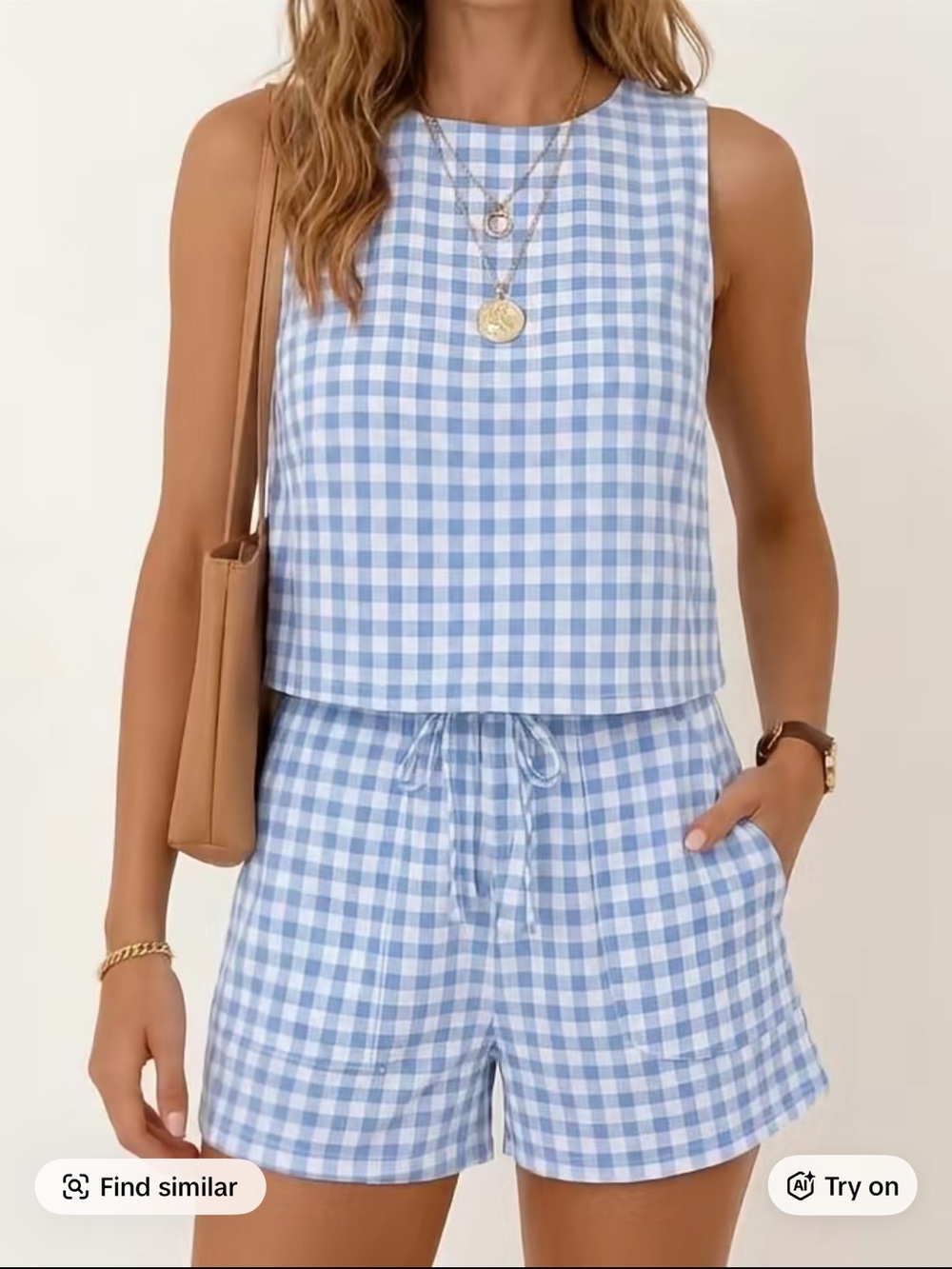 Sleeveless Blue Gingham Two-Piece Set - Casual Women's Outfit
